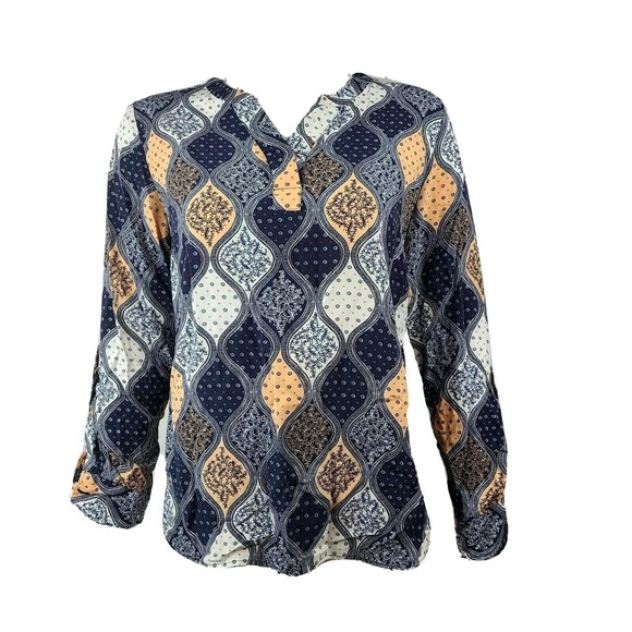 Talbots Tops - Talbots Top Womens Size S Small Blue Orange Patchwork Boho Long Sleeve Casual